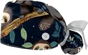 [FVQL] Pack of 2 Working Hats with Buttons, Scrub Caps Ponytail Holder for Women, lovely animals sloth