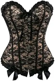 [FAWENLI] Fashion Women Overbust Corset Sexy Beige Satin Floral Lace Overlay Polka Dot Corsets And Bustier Plus Size Sxx