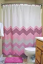DII Oceanique 3-Piece Bathroom Set, Machine Washable, for Everyday Use, Kids, Teens, Includes 72x72 Shower Curtain, 12 Shower Hooks, and 1 Bath Rug, Chevron Pink