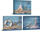 3 Piece Beach Canvas Wall Art Seashell Startfish with Blue Board Picture Prints