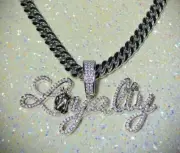 Men's Iced 8mm Miami Cuban Chain 14k Custom Loyalty Font Silver CZ VVS Pendant