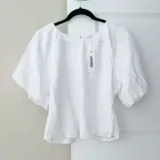 NWT DKNY Linen Blend Puff Sleeves Top White Sz L