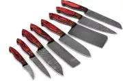 Handmade 8-Piece Damascus Steel Kitchen Knife Set with Leather Roll Case