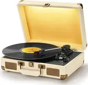 [SKEVONO] Vinyl Record Player, 3-Speed Bluetooth Turntable Portable Suitcase Belt-Driven Record Player with Built-in Speakers & LED Light, Support RCA Line-Out AUX Input Headphone Jack, Beige