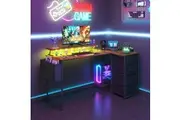 Advwin L Shaped Computer Desk 160cm Convertible with LED Lights & Power Outlets Corner Desk Walnut Walnut