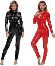 [xokesy] Women Shiny Leather Jumpsuit, Sexy Zipper Open Crotch, Glossy PVC Leather Leotard Crotchless