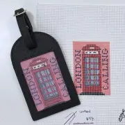 Blk Leather Bag tag & hand painted London Calling needlepoint canvas kit
