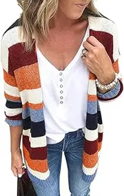 [JUNBOON] Women's Striped Long Sleeve Open Front Knit Cardigan Casual Pullover Sweater