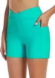 [Tournesol] Women's Swimwear Swim Shorts High Waisted Bathing Suit Bottoms Cross Waist Swimsuit Boy Shorts with Pocket, Green, Medium