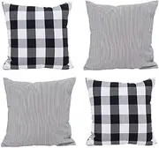 HOPLEE Black Throw Pillow Covers 18x18 Farmhouse Pillow Covers 18x18 Black and White Outdoor Pillow Covers with Buffalo Checker & Stripe Design Set of 4
