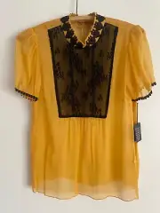 Anna Sui Victorian Neck Sheer Chiffon Yellow Blouse Size 4