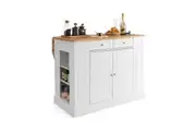 Giantex Kitchen Island Table 2-Door Mobile Storage Cabinet w/Wood Countertop & Drawers Adjustable Shelves Trolley White