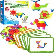 300 PCS Wooden Tangram Jigsaw for Kids with 24 Double-Sided Design Cards(48 Patterns) and Storge Bag in Gift Box