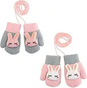[Dinghaole] 2 Pairs Kids Thick Knitted Gloves, kids mittens with string， toddler gloves 1-3 years，Knitted Glove Plush Lining，Winter Warm Mittens Full Finger Gloves with String，Pink and Grey, grey；pink,