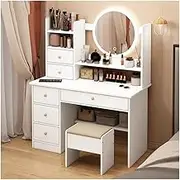 Makeup Vanity Desk with Lights Mirror, Dressing Table 3 Lighting Modes Modern Vanity Makeup Table and Cushioned Stool Set with 6 Drawers(White)