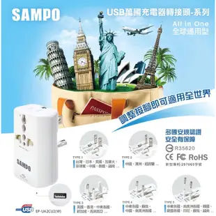 SAMPO聲寶 USB萬國充電器轉接頭 白色 EP-UA2CU2(W) 官網公司貨 全新未拆封