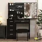 Black Dressing Table Stool Set With LED Sliding Mirror Shelf Makeup Vanity Desk