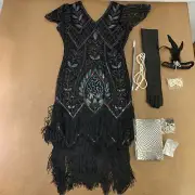 Women's Medium Black Sequin Fringe Flapper Dress & Accessory Set 9 Pieces New