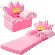 Burbell 2 Pack Foldable Kids Couch Toddler Couches That Fold Out Pink Princess Toddler Recliner Toddler Chair Baby Sofa Bedroom Folding Toddler Bed Lounger for Girls(Princess)