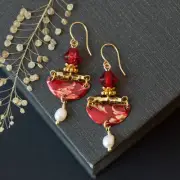 Vintage Tin Earrings with Pearl Dangles Red & Gold Jewelry with Glass Beads