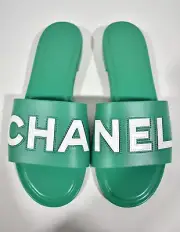 Chanel 23P Green White Leather CC Logo Letter Mules Slide Slip Sandal Flat 38.5