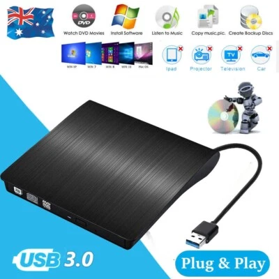 Slim External CD/DVD Drive USB 3.0 Player Portable Burner Writer for Laptop PC