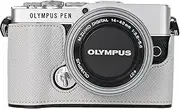 [BMAOLLONGB] E-P7 Case, Handmade PU Leather Half Camera Case Bag Cover Bottom Opening Version for Olympus PEN E-P7 With Hand Strap (White)