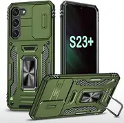 [PASNEW] for Samsung S23+ 5G Case,Camera Slide Cover & 360 Rotating Ring Kickstand,Military Shell Heavy Duty Shockproof Phone Cases for Galaxy S23 Plus,6.6 inch,Olive Green