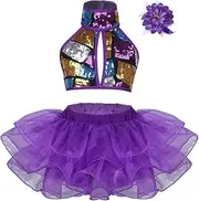 [Sxiwei] Kids Girls Halter Shiny Sequins Crop Top with Tutu Dress Flower Hair Clip Set for Latin Jazz Ballet Dance