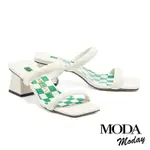 拖鞋 MODA MODAY 都會繫帶棋盤格牛皮方頭高跟拖鞋－白