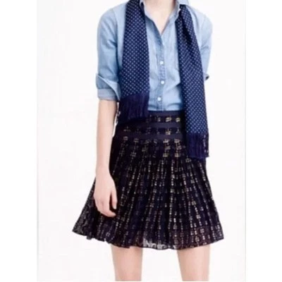 J. Crew Navy Blue Gold Metallic Silk Clip Dot Pintuck Pleat Mini Skirt 6