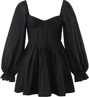 [Aosufei] Women's Lantern Sleeve Elegant Dress Casual Ruffle Trim Mini Dress Ruched Bust Long Sleeve Dresses