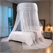 Round Lace Ceiling-Hung Bed Canopy 100% Polyester Dome Curtain with Ruffled Trim, 39.3" Diameter, Secret Castle Design for Bedroom Decor and Gift(White)