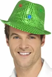 Smiffys 47064 Light Up Sequin Trilby Hat, Green, One Size