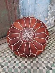 leatherooze Fuax Leather Pouf Ottoman, Moroccan Round Boho Pouf, Foot Rest Stool, Unstuffed Storage Solution Poufs for Living Room - Authentic Brown Color, 16x20