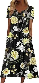 [Generic] Cocktail Pantsuit for Women Floral Print Crew Neck Loose Dress Boho Beach Dresses with Pocket Shirt Dresses for Women