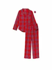New Victorias Secret Flannel Button PJ Set Pajamas Plaid Multi Color Large 3Pc