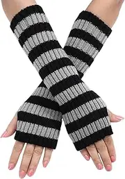 [Uitndvyte] Winter Knitted Striped Lengthen Wrist Striped Women Half Finger Gloves Thicken Outdoor Cycling Skiing Gloves Keep Warm