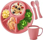 Riaisttd Sectioned Plates,Children Plates with Dividers | 4-Compartment Oval Bowl with Fork Spoon and Water Cup for Fruits Vegetables Meat Dessert Grain