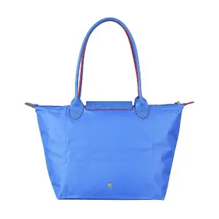 【LONGCHAMP】LONGCHAMP COLLECTION刺繡LOGO尼龍摺疊長把拉鍊肩背包(小/藍紫x紅)