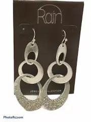 New Rain hammered Silver tone circle oval dangle statement earrings Rhinestones