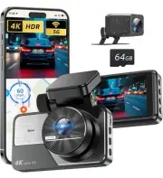 Dash Cam Front and Rear: 4K+2K Full HD Dual Dash Camera for Cars, 64GB Card New