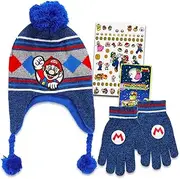 Beanie and Gloves Set - Bundle with Mario Knit Hat, Mittens, Stickers for Toddlers | Super Mario Bros Gifts for Kids, Boys, Girls, Multicolor