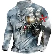 Knights Of Malta Mens Graphic Shirt Templar Prints Fashion Designer Casual Henley Tee Outdoor Daily Wear Vacation Light Green Burgundy Blue Cross Lace Up Pink
