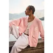 Mens Pink Oversized Drop Shoulder Embroidered Knitted Cardigan