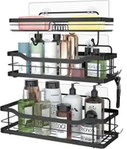Shower Shelf No Drilling, Bathroom Shower Storage Shower Caddy with 4 Hooks