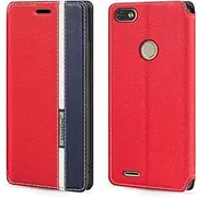[Shantime] Classic Stripes Faux Leather Flip Case Compatible with Tecno F2 LTE, Invisible Magnetic Cover with Card Slot, Contrast Color Design(Red)
