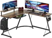 Rustic Brown L-Shaped Gaming Desk with Monitor Stand