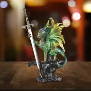 15"H Green Dragon with Sword on Cliff Statue Figurine Home Decor Unique Gift