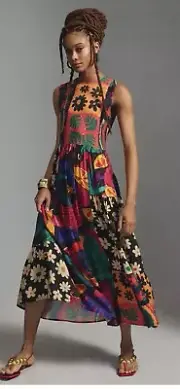 NWT Farm Rio Anthropologie Sz M Maxi Dress Boho Patchwork Print Color MSRP $198